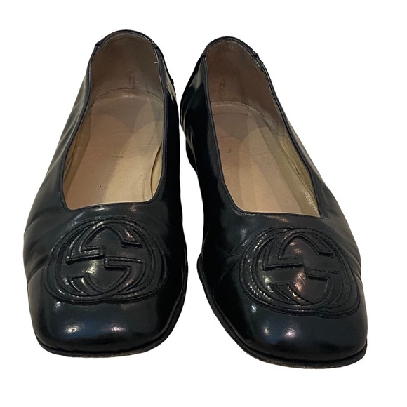 Gucci black flat pumps ballet square toe interlocking GG 8.5 leather